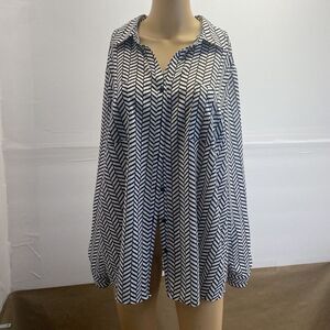 NY‎ Collection Women's Blouse Long Sleeve L Black White Lightweight Buttons Used